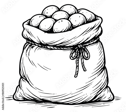 Hand drawn line art illustration of a sack filled with potatoes depicting a bountiful harvest for agriculture