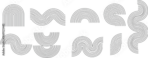 Black line boho style arch and wave set. Mid century linear curve shape collection. Decorative arc elements for graphic design template, poster, banner, cover, Vector wavy and zigzag stripes. 
