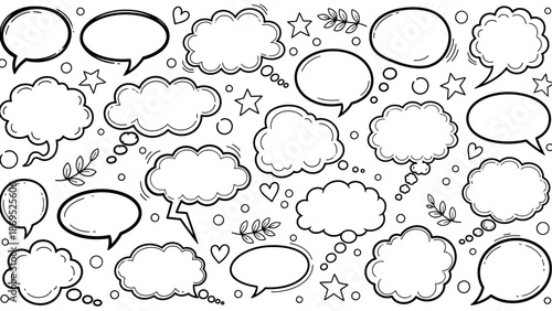 Hand drawn speech bubbles and thought bubbles in a doodle style illustration 