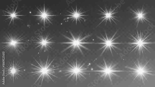 Collection of white lens flare effects on a transparent background for overlays 