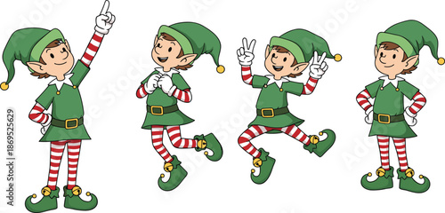 Cute Cartoon Christmas Elf Character Set Featuring Various Poses Including Jumping Pointing and Waving for Festive Holiday Season Graphic Design
