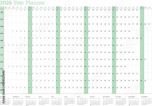 Annual planner calendar template for 2026. A green vector illustration for scheduling tasks. Minimalist yearly calendar template 2026 for agenda and time management. Printable organization tool