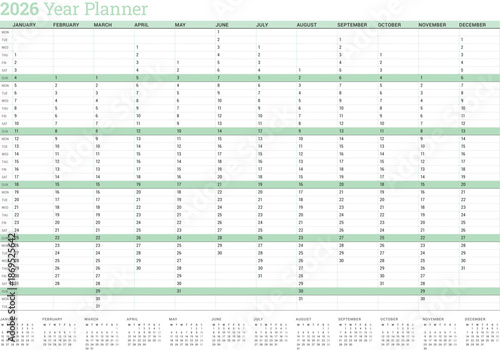 Yearly planner calendar template 2026. Green vector illustration for scheduling and organizing. Clean layout for business or personal planning. Printable yearly calendar template 2026 for agenda