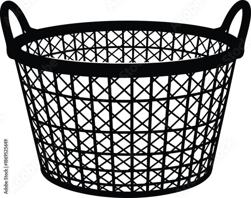 Black silhouette of a laundry basket with lattice pattern and handles, isolated vector illustration of a plastic wash bin for home organization storage,