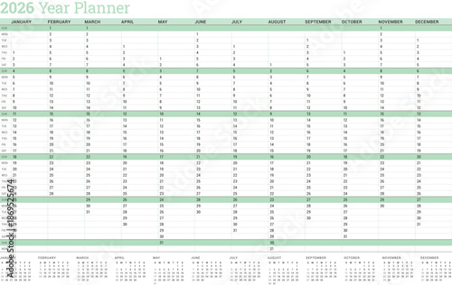 Yearly planner calendar template 2026. A green vector illustration for organizing daily tasks. A clean yearly calendar template 2026 for agenda and scheduling. Printable business organizer