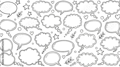 Hand drawn speech bubbles and thought bubbles in a doodle style illustration 