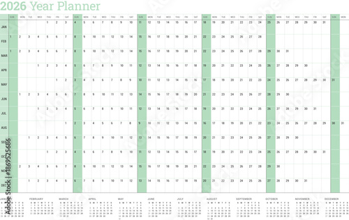 Yearly planner calendar template for 2026. A green vector illustration for scheduling. Simple yearly calendar template 2026 for agenda and organizing. Printable business planner tool