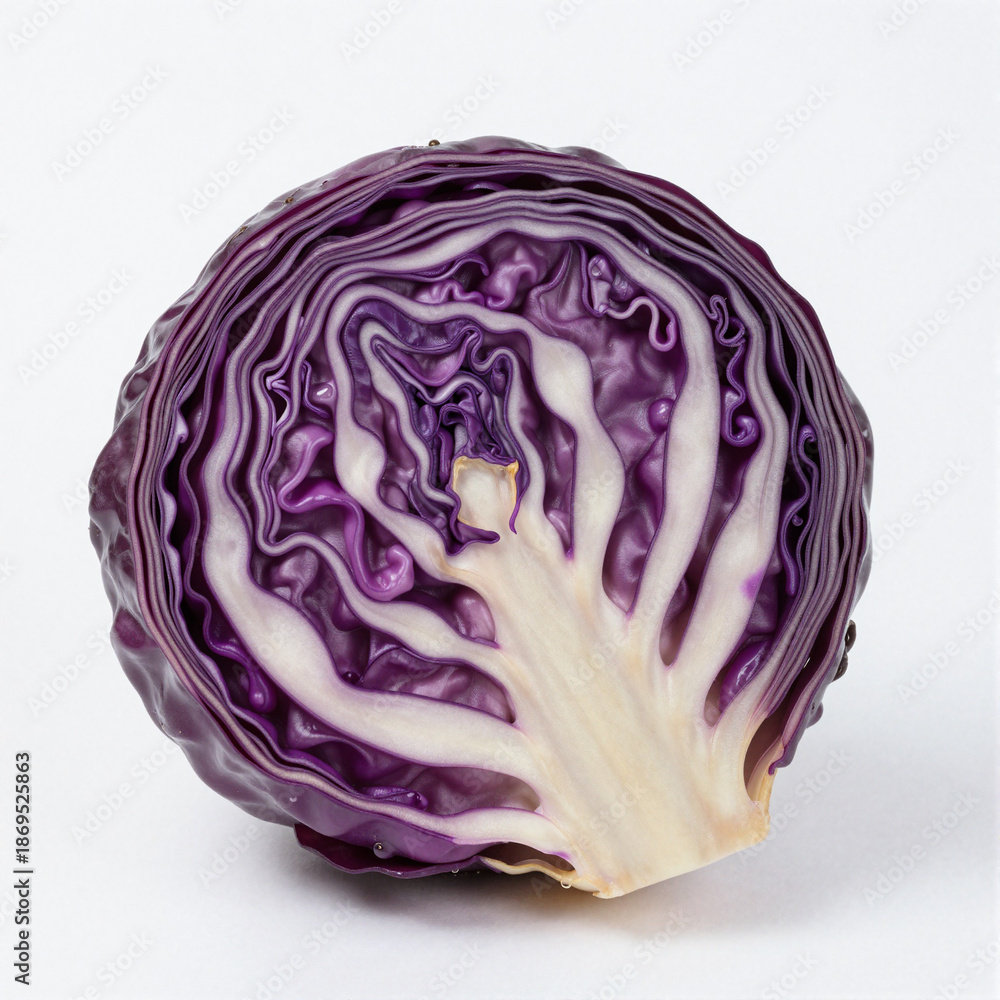 Obraz premium Cross-section of fresh red cabbage with vivid purple layers on a white background