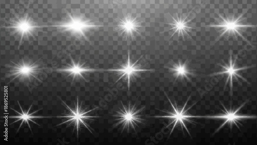 Collection of white lens flare effects on a transparent background for overlays 