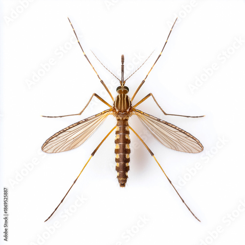 Brown striped mosquito with transparent wings on white