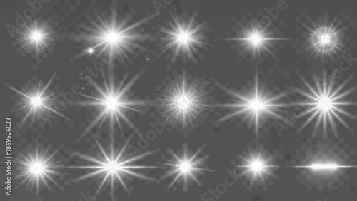 Collection of white lens flare effects on a transparent background for overlays 