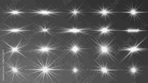 Collection of white lens flare effects on a transparent background for overlays 