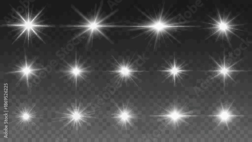 Collection of white lens flare effects on a transparent background for overlays 