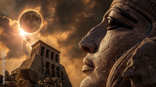 A majestic stone statue of a pharaoh stares into the horizon under a dramatic dark sky, while intricate details blend with historical themes, evoking a sense of ancient grandeur and spirituality.
