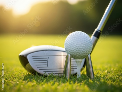 Golf club and ball on green grass with sunny background
