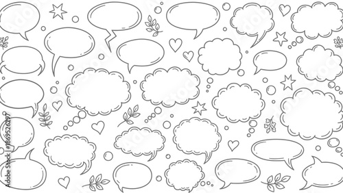 Hand drawn speech bubbles and thought bubbles in a doodle style illustration 
