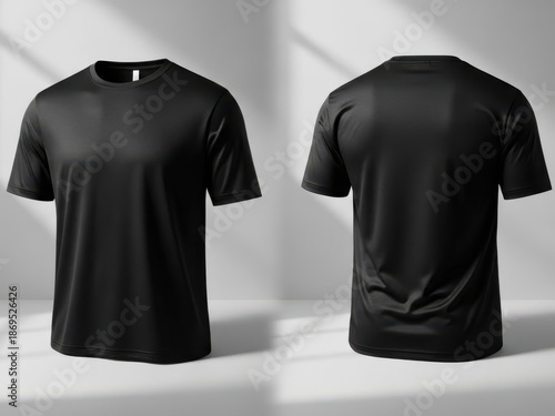 Black tshirt on a white surface with shadows on the wall behind it