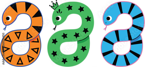 Cute snake number eight vector illustration set with playful cartoon style, colorful patterns, perfect for kids education, counting games, and learning designs