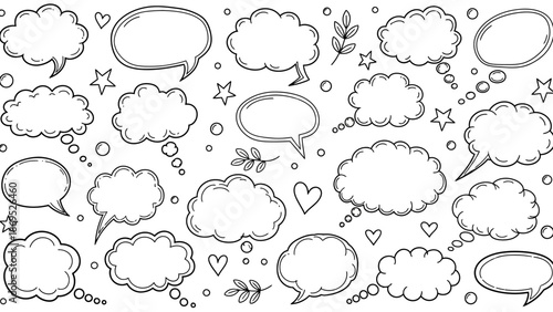 Hand drawn speech bubbles and thought bubbles in a doodle style illustration 