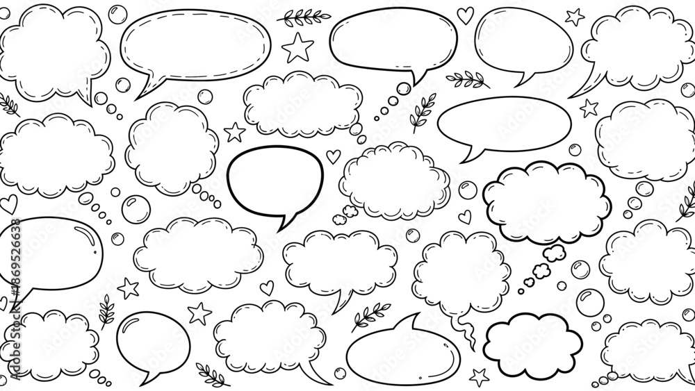 Fototapeta premium Hand drawn speech bubbles and thought bubbles in a doodle style illustration 
