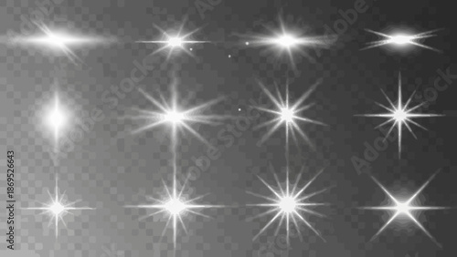 Collection of white lens flare effects on a transparent background for overlays 