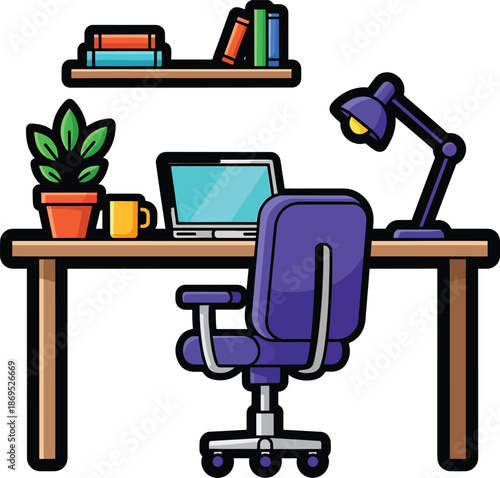 A cartoon office setup with desk, chair, laptop, and decor
