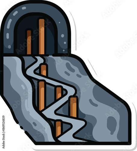 A cartoon of a gray dam with brown gates