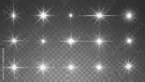 Collection of white lens flare effects on a transparent background for overlays 