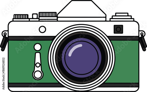 Classic retro film camera icon with green body detail.