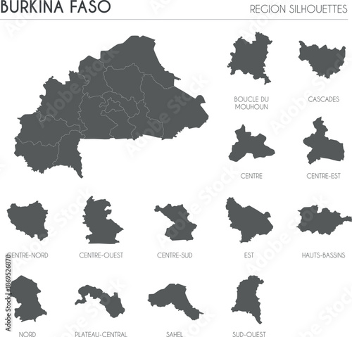 Burkina Faso region silhouettes set and blank map of the country isolated on white background. Vector illustration design