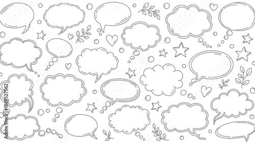 Hand drawn speech bubbles and thought bubbles in a doodle style illustration 