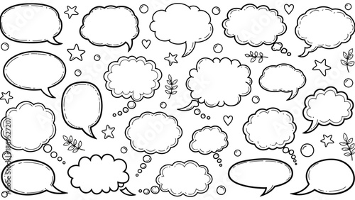 Hand drawn speech bubbles and thought bubbles in a doodle style illustration 