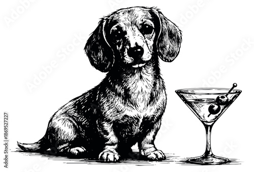 Hand drawn line art illustration of a dachshund dog and martini glass depicting a social pet for a party