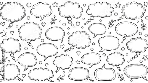Hand drawn speech bubbles and thought bubbles in a doodle style illustration 