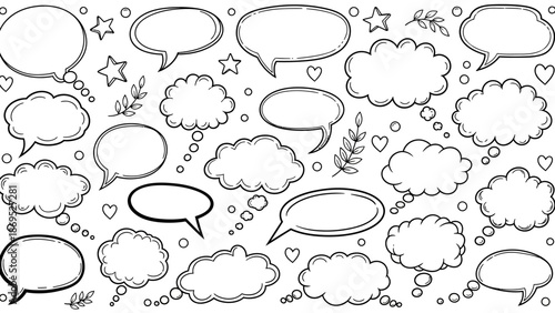 Hand drawn speech bubbles and thought bubbles in a doodle style illustration 