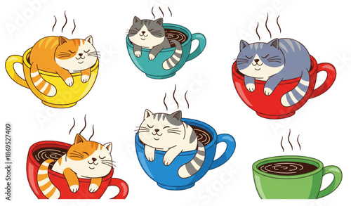 Funny kawaii kittens inside coffee tea and cocoa mugs flat doodle vector collection isolated on transparent background