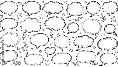 Hand drawn speech bubbles and thought bubbles in a doodle style illustration 