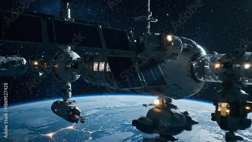 Space Station Orbiting Earth with Shuttles in Outer Space Environment