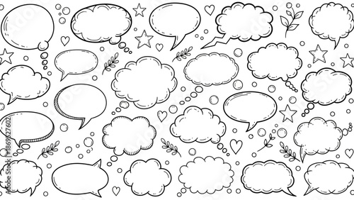 Hand drawn speech bubbles and thought bubbles in a doodle style illustration 