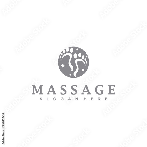 A health-themed logo featuring the silhouette of two feet inside a gray circle, accented with small stars that give a clean and fresh impression.