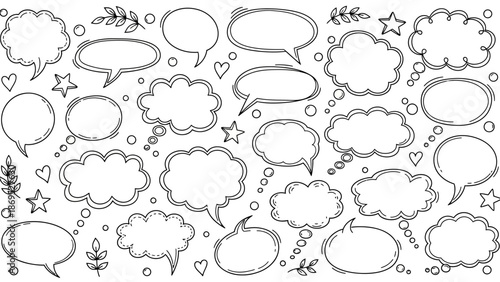 Hand drawn speech bubbles and thought bubbles in a doodle style illustration 