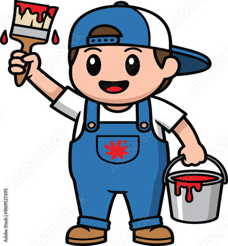 Happy Cartoon Boy Painter Mascot Character Holding Paint Brush and Bucket of Red Paint Wearing Blue Overalls for Home Renovation