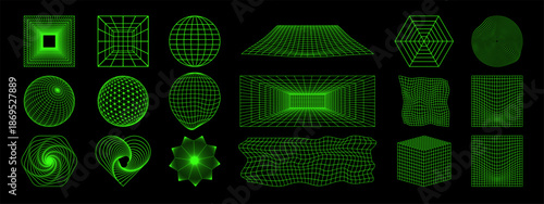 Set of different neon green wireframes isolated on black background. Modern futuristick, cyberpunk or techno grids. Circle, square, cube and room surfaces with meshed texture. Vector illustration