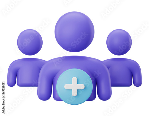 3D Creative Purple Group Icon with Plus Sign for Adding Members