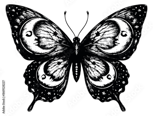 Hand drawn illustration of a butterfly depicting celestial moons and stars for mystical design