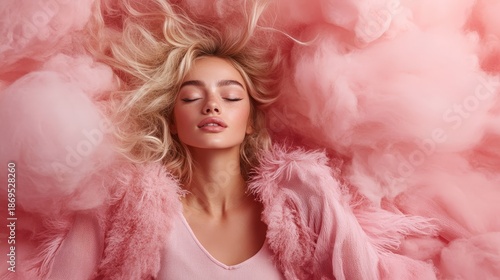 A serene portrait of a model surrounded by pink clouds, her hair flowing softly. The dreamy ambiance highlights beauty and elegance, creating an emotional and captivating atmosphere.