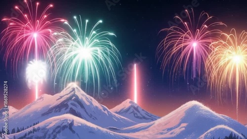 Vibrant Fireworks Exploding Over Snow-Capped Mountains on New Year's Eve Night - Stunning Digital Art Illustration 4k hd video download