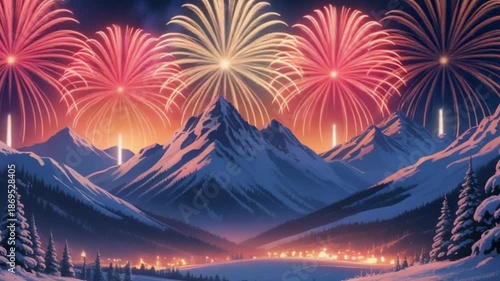 Vibrant New Year's Eve Fireworks Illuminating Snow-Capped Mountains in a Breathtaking Winter Landscape Scene 4k hd video download