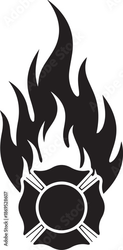 Firefighter Maltese Cross Emblem with Black Flame Silhouette