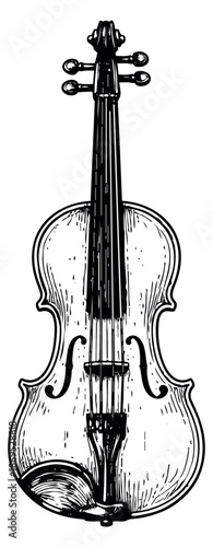 Hand drawn line art illustration of a violin depicting a classical musical instrument for music themed designs